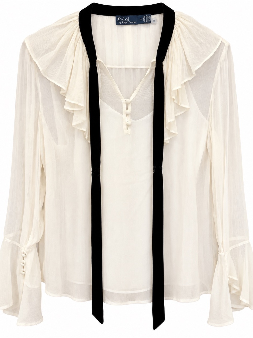 Ralph Lauren Cream Chiffon Ruffle Blouse with Black Tie